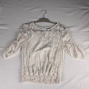 Express Ivory Floral Lace Blouse XL Ruched 3/4 Sleeve Smocked Hem Boat Neck Top